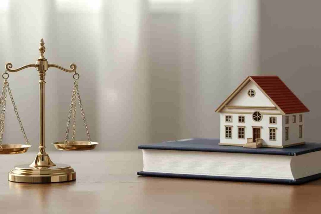 Scales of justice and a model house on a law book.